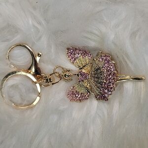 Pink Rhinestone Ballerina Purse Charm Keychain/Gold Tone Angel Fairy